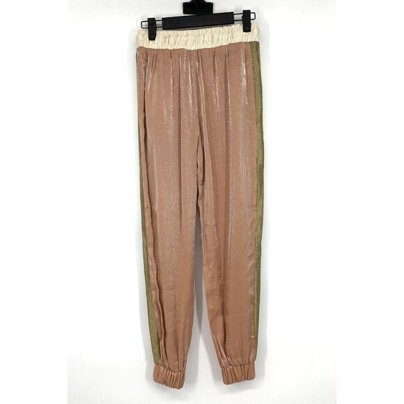 Zara Jogger Pants Pink Satin Metallic Drawstring Pull On Pockets - Picture 7 of 11